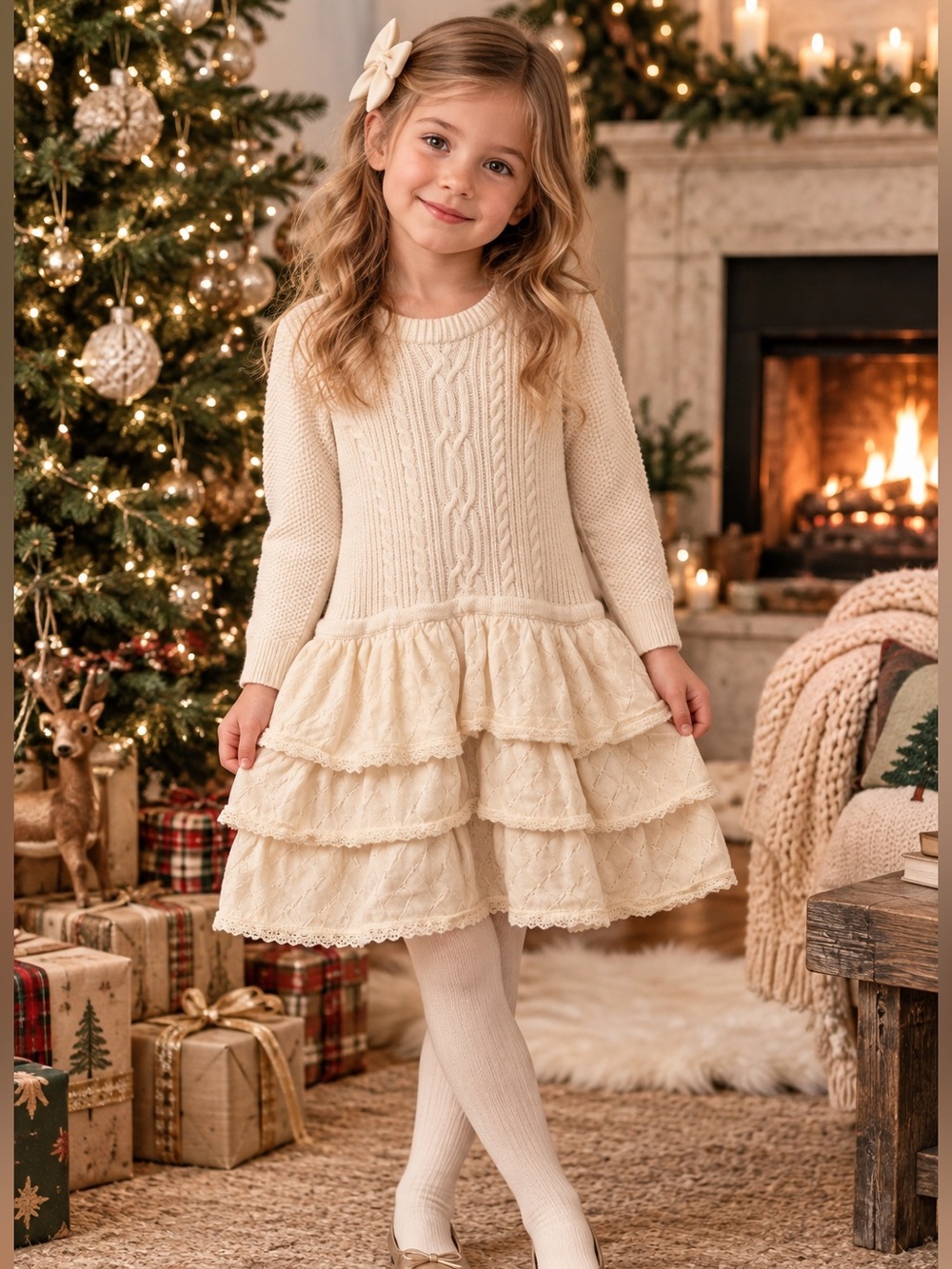 Hanna Andersson Nordic Cable Tiered Sweater Dress Merino Wool Cream 100 4T